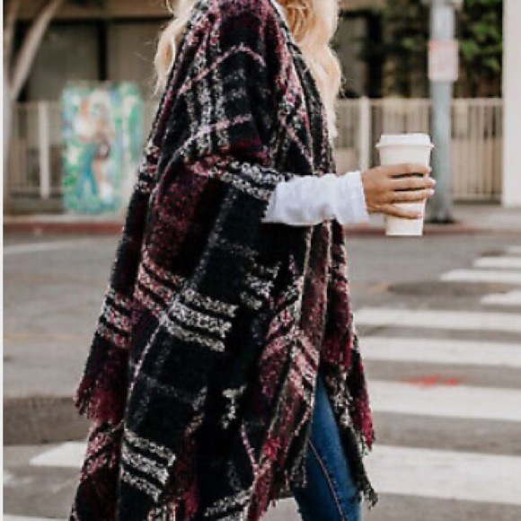 Burgundy black white & gray plaid Shawl wrap One Size - Picture 6 of 7